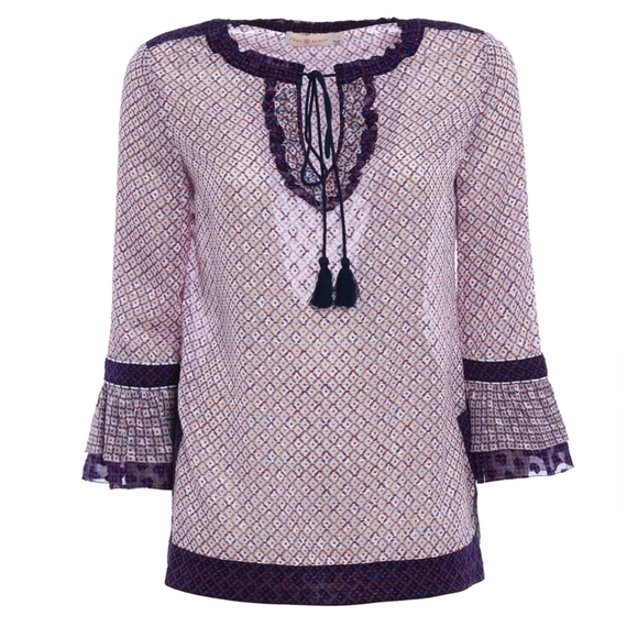 TORY BURCH GWENNA SILK BLEND RUFFLE SLEEVE BLOUSE TUNIC SIZE 10 EUC - Picture 1 of 10